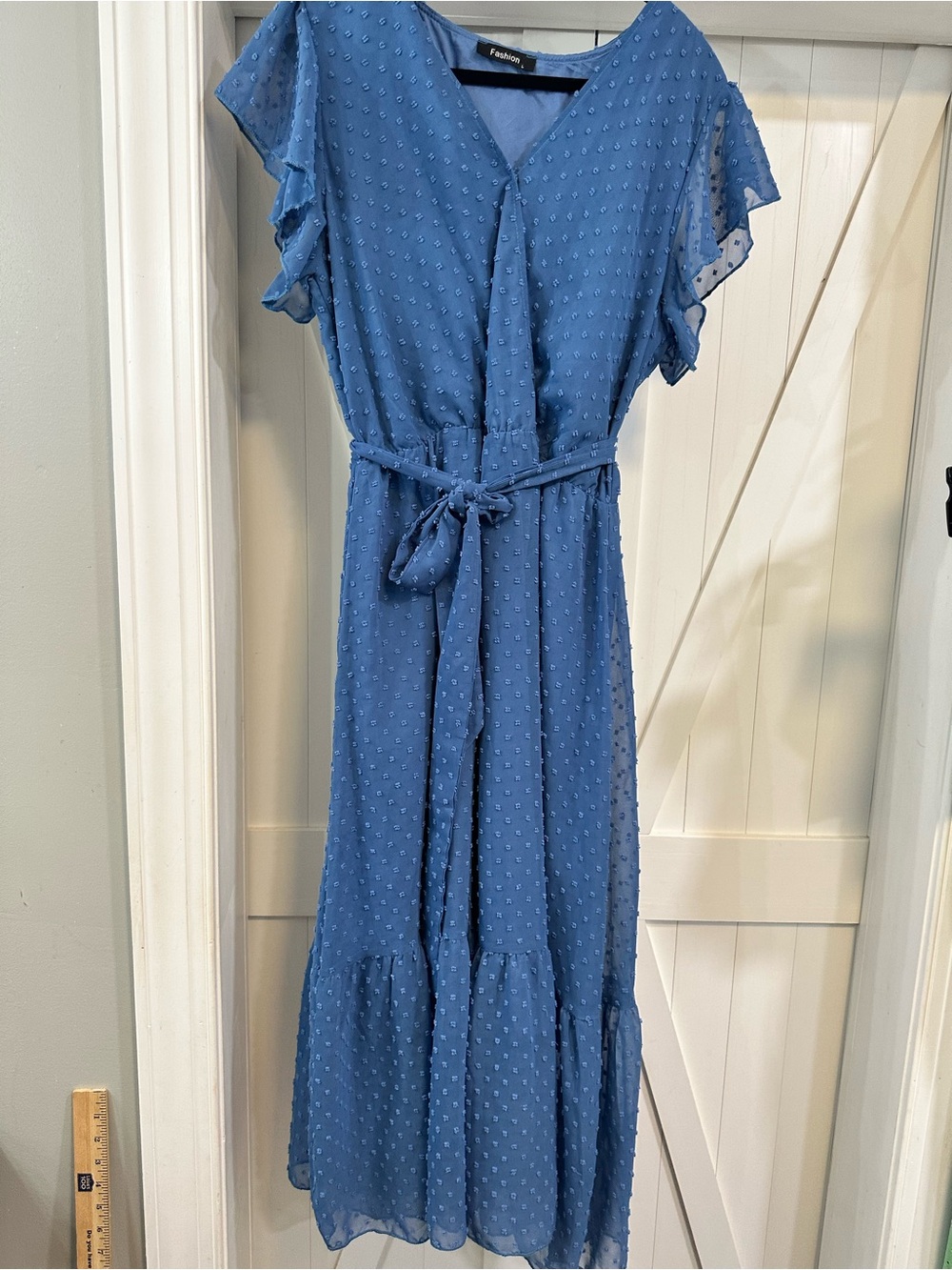 Blue Swiss Dot Tie-Waist Maxi Dress
